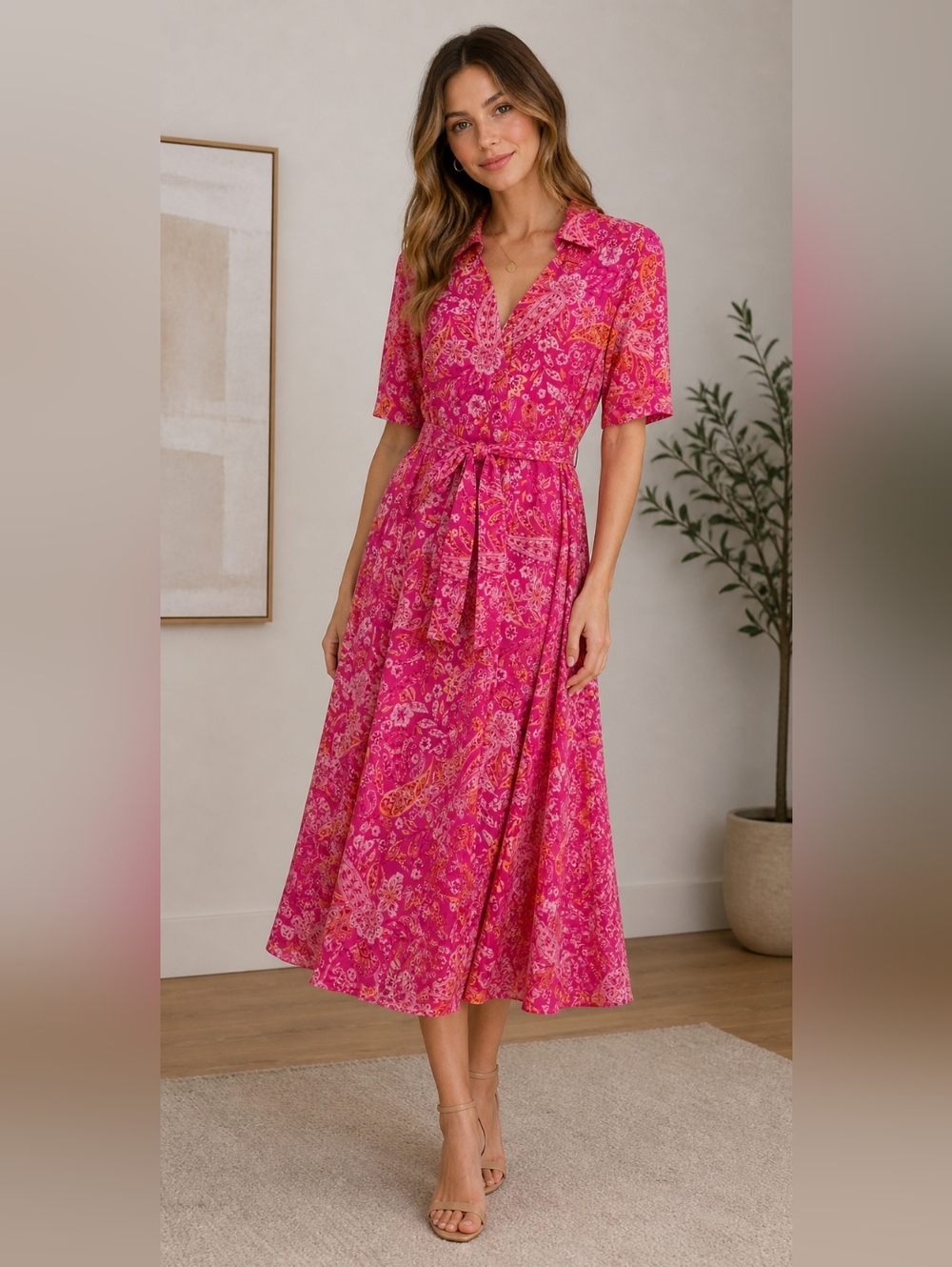 MSK Women's Paisley-Print Tie-Waist Midi Dress Pink Size Small $89